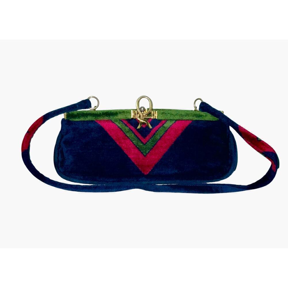Roberta di Camerino Vintage Shoulder Bag Velour and Leather Blue/Multicolor